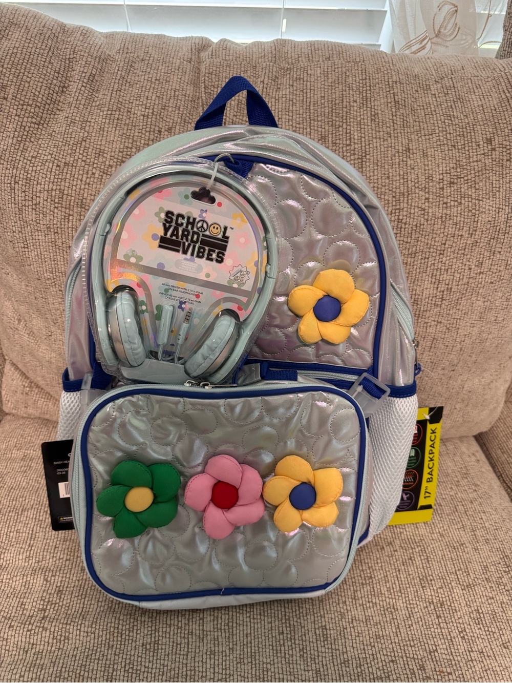 Kids Silver Backpack with Colorful Flower Accents
